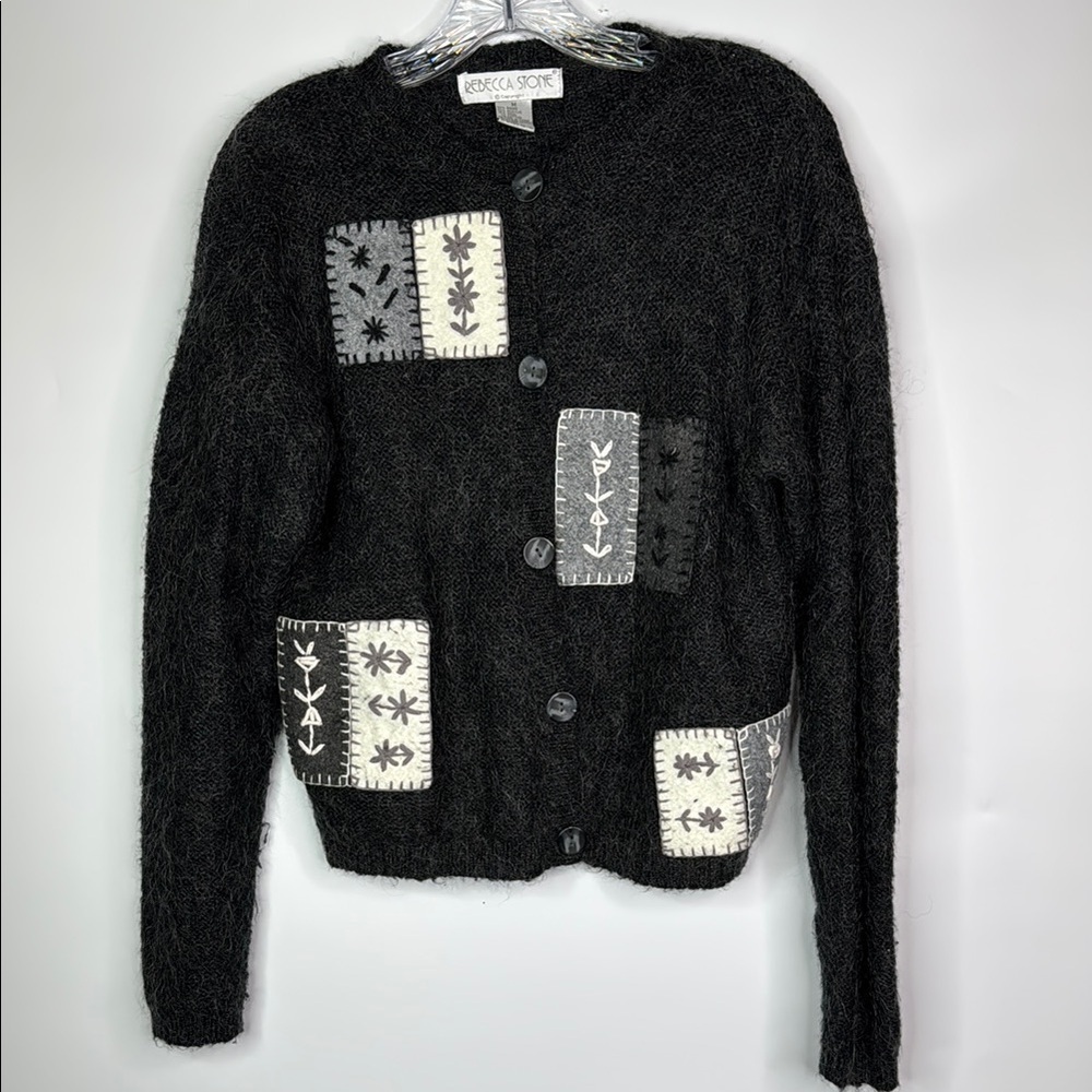 Vintage Rebecca Stone Gray Button Up Floral Applique Cardigan Sweater Medium